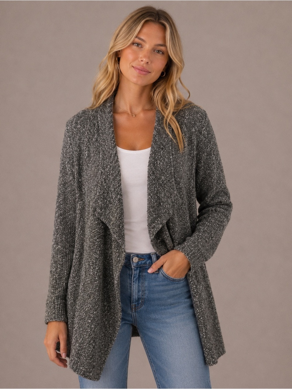 Eileen System Fisher Marl Open Front cardigan Drape Sweater Cotton Linen Size M